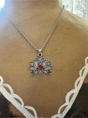 Lotus Pendant Necklace with Red Center